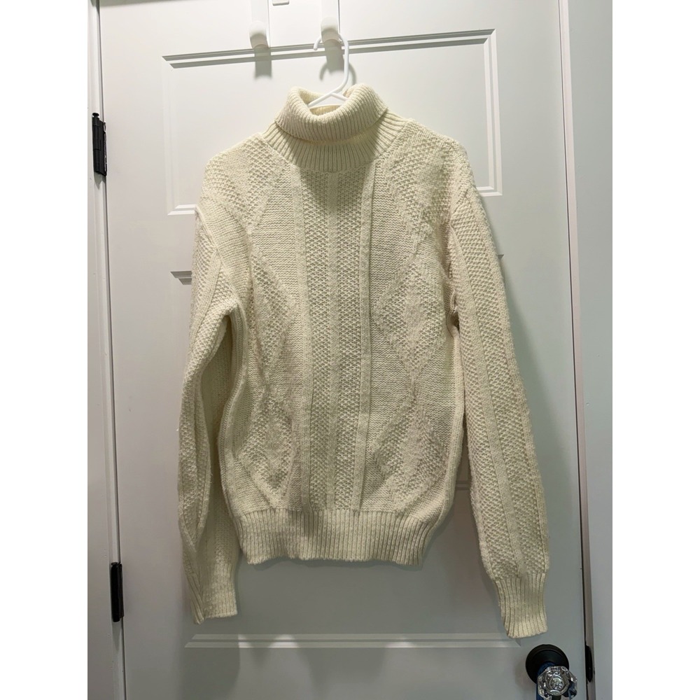 Vintage John Blair Fisherman Turtleneck Sweater Mens M Cream Cable Wool Blend